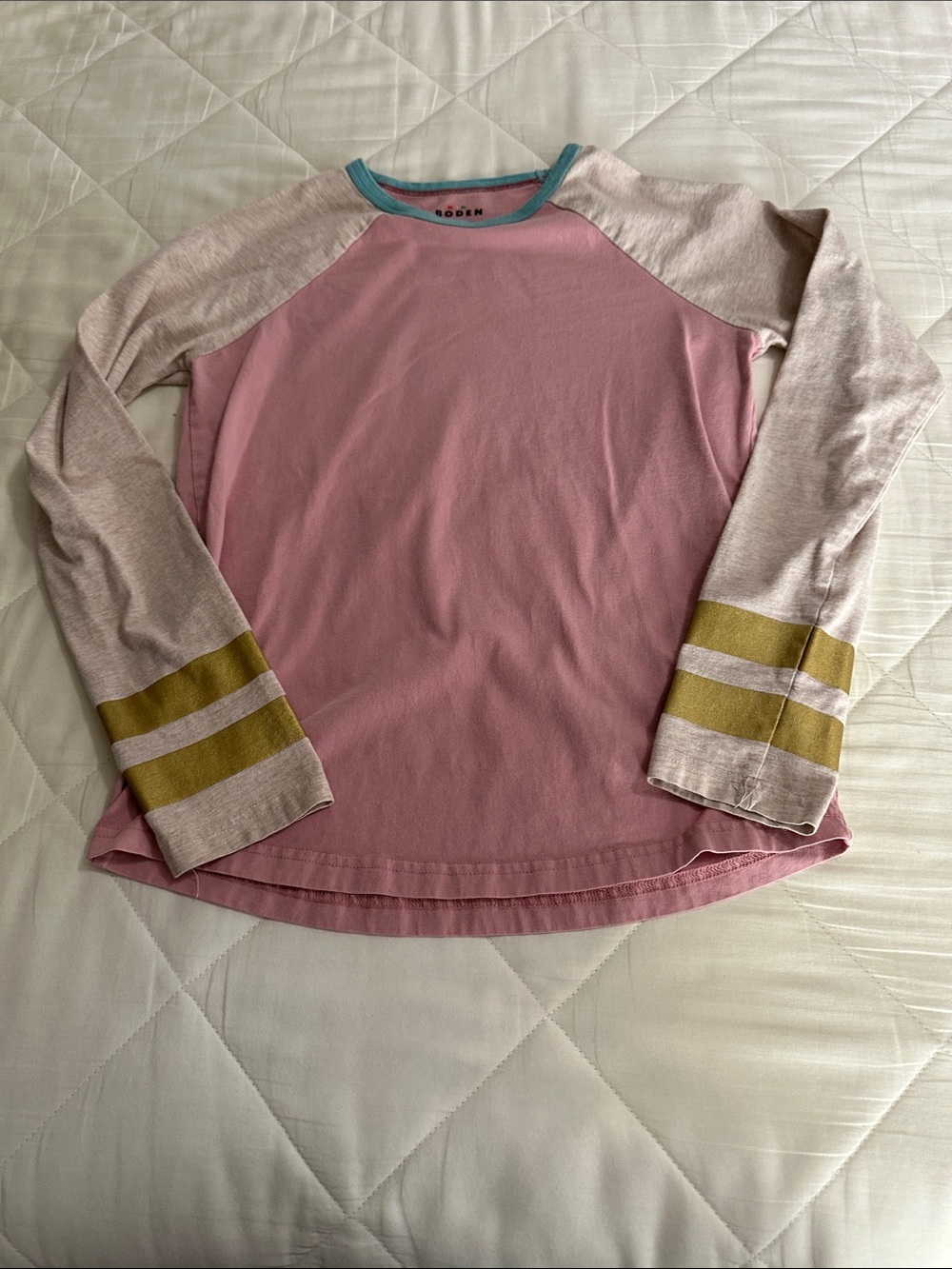 Mini Boden Pink Raglan Top with Gold Stripe Cuffs and Teal Trim